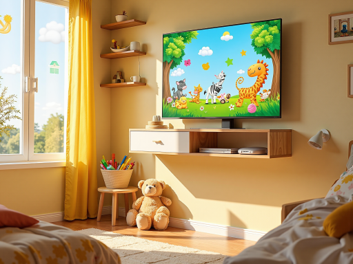 家庭房，双层床铺，儿童友好设计，温馨明亮，彩色装饰，玩具收纳架，安全防护栏，卡通墙贴