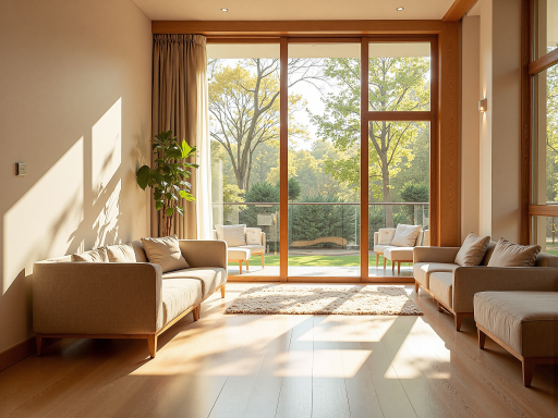 民宿大厅，现代简约设计，木质装饰，柔和灯光，舒适的沙发座椅，落地窗，绿植装饰