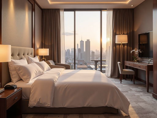 客房内部，温馨布置，柔软床铺，暖色调灯光，书桌工作区，装饰画墙面，整洁有序