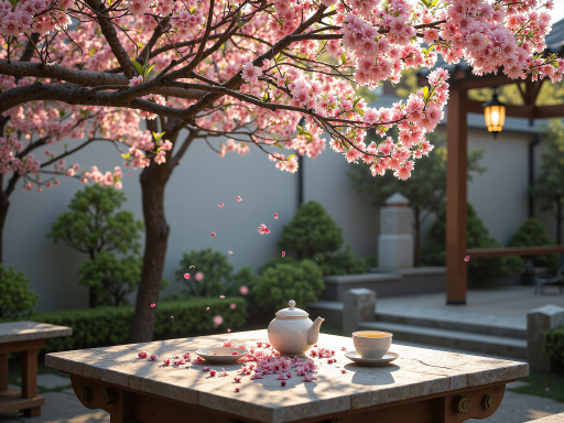 户外庭院，绿化景观，石桌石凳，凉亭遮阳，花草植物，宁静自然环境，休闲放松空间