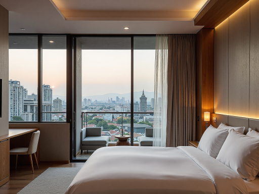 豪华套房，大床，现代奢华装修风格，落地窗，城市景观，暖色调灯光，沙发休息区，大理石地面