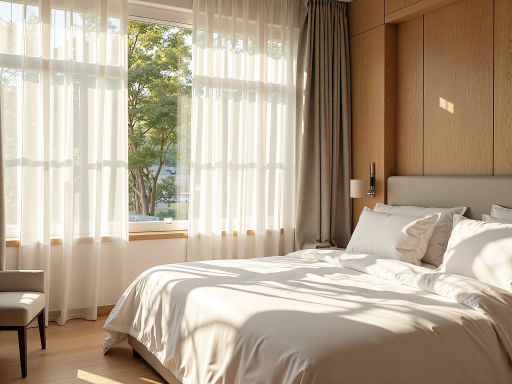 标准间，双人床，简约现代装修风格，明亮自然光线，木质地板，大窗户，蓝色窗帘，室内植物装饰